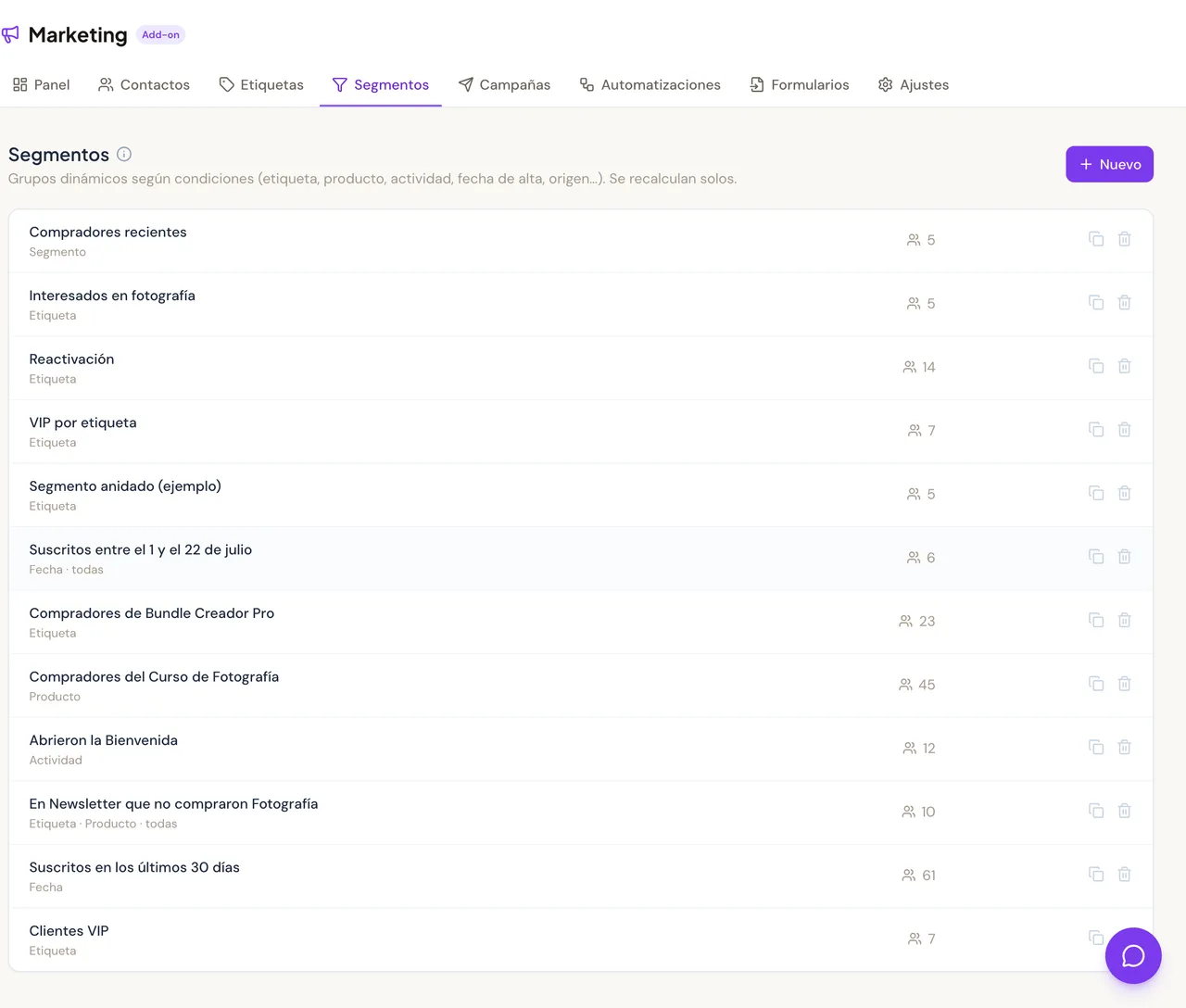 Lista de segmentos en Cursio